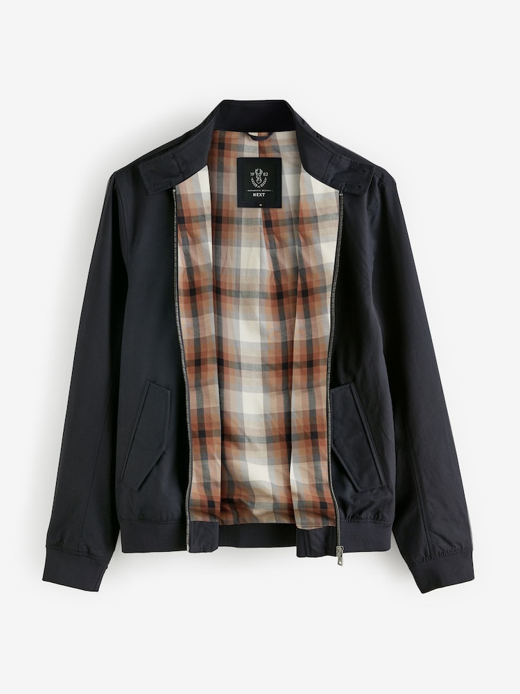 Navy Blue Shower Resistant Check Lining Harrington Jacket - Image 9 of 12