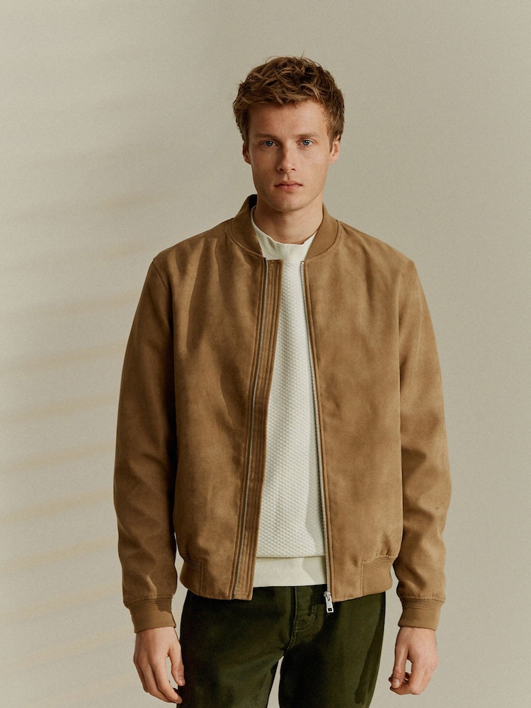 Neutral Faux Suede Bomber Jacket - Image 1 of 13