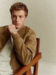 Neutral Faux Suede Bomber Jacket - Image 4 of 13