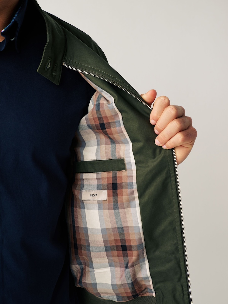 Khaki Green Shower Resistant Check Lining Harrington Jacket - Image 7 of 12