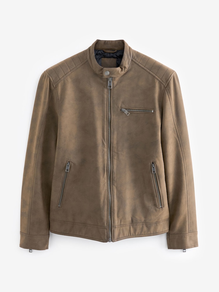 Brown Faux Leather Biker Jacket - Image 10 of 14