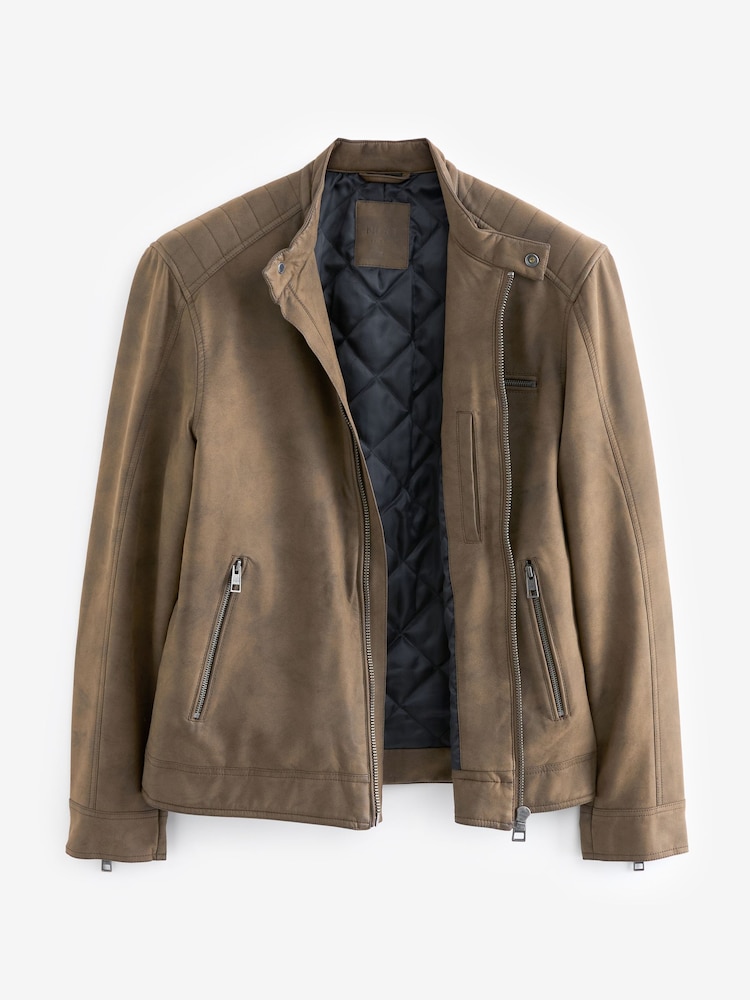 Brown Faux Leather Biker Jacket - Image 11 of 14