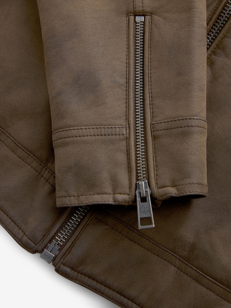 Brown Faux Leather Biker Jacket - Image 14 of 14