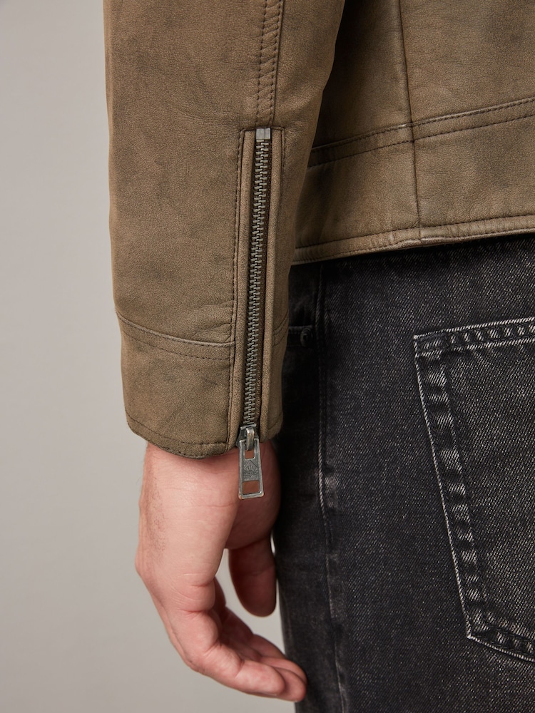 Brown Faux Leather Biker Jacket - Image 4 of 14
