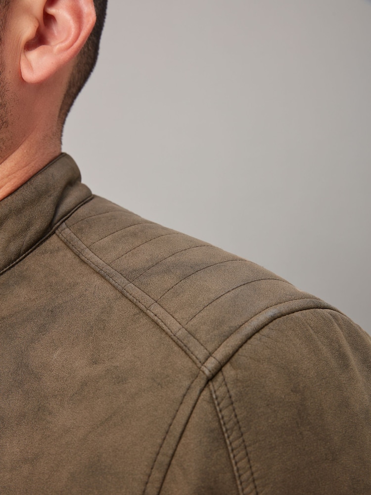 Brown Faux Leather Biker Jacket - Image 6 of 14