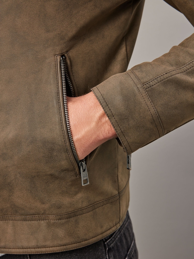 Brown Faux Leather Biker Jacket - Image 7 of 14