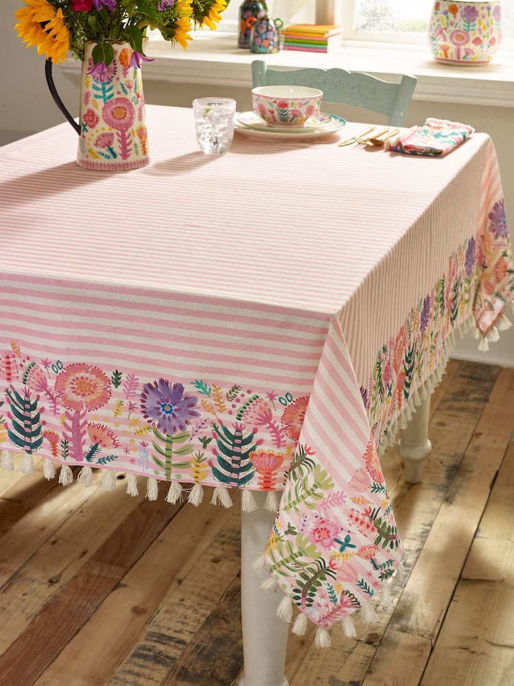 Lucy Tiffney Stripe Tassled 100% Cotton Tablecloth - Image 2 of 3