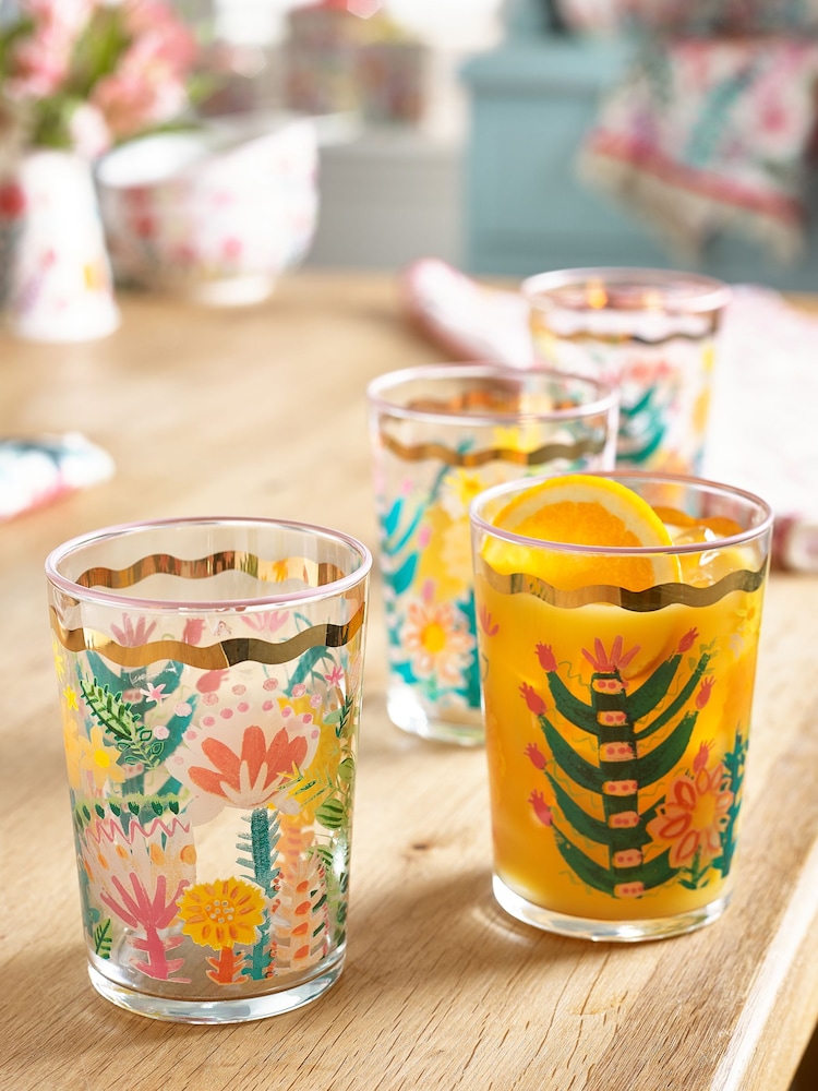 Lucy Tiffney Set of 4 Floral Gold Rim Tumbler Glasses - Image 1 of 4