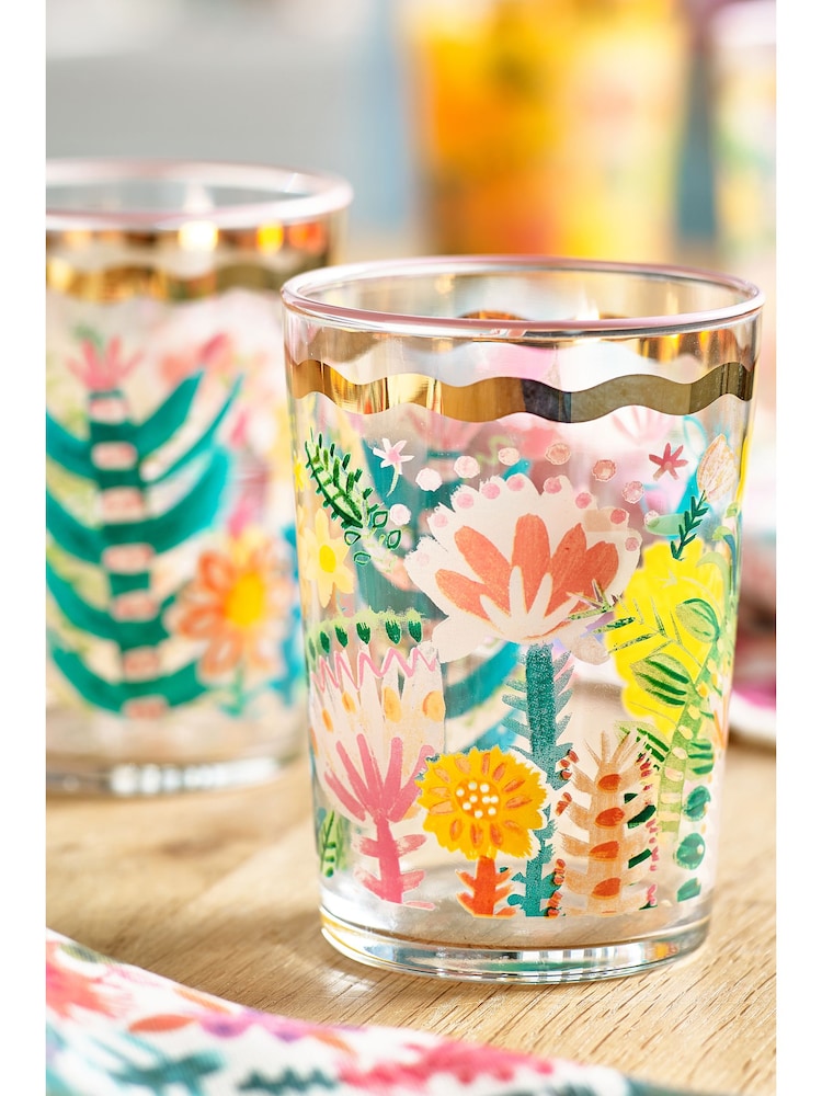 Lucy Tiffney Set of 4 Floral Gold Rim Tumbler Glasses - Image 2 of 4