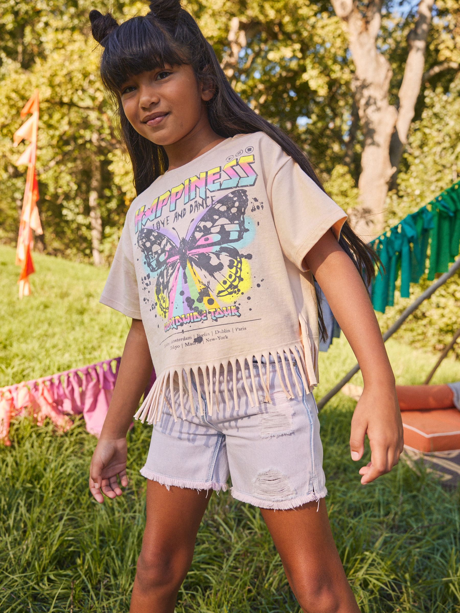 Buy Ecru 100% Cotton Butterfly Graphic Fringe T-Shirt (3-16yrs