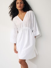 White Broderie Mini Kaftan Dress - Image 1 of 7