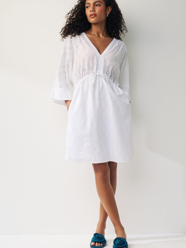 White Broderie Mini Kaftan Dress - Image 2 of 7