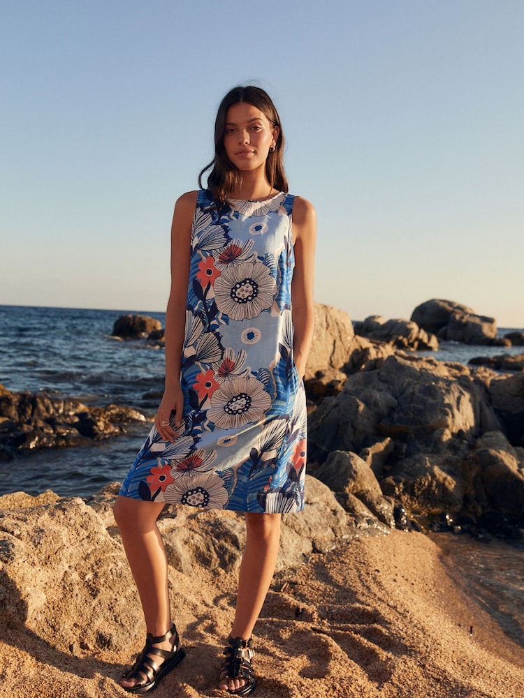 Blue Floral Linen Blend Sleeveless Shift Dress - Image 2 of 7
