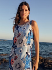 Blue Floral Linen Blend Sleeveless Shift Dress - Image 3 of 7
