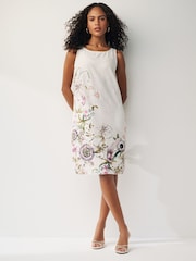 Ecru Cream Floral Linen Blend Sleeveless Shift Dress - Image 1 of 6