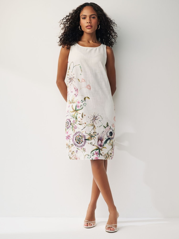 Ecru Cream Floral Linen Blend Sleeveless Shift Dress - Image 1 of 6