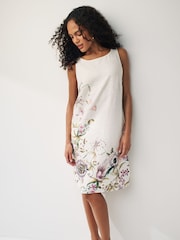 Ecru Cream Floral Linen Blend Sleeveless Shift Dress - Image 2 of 6