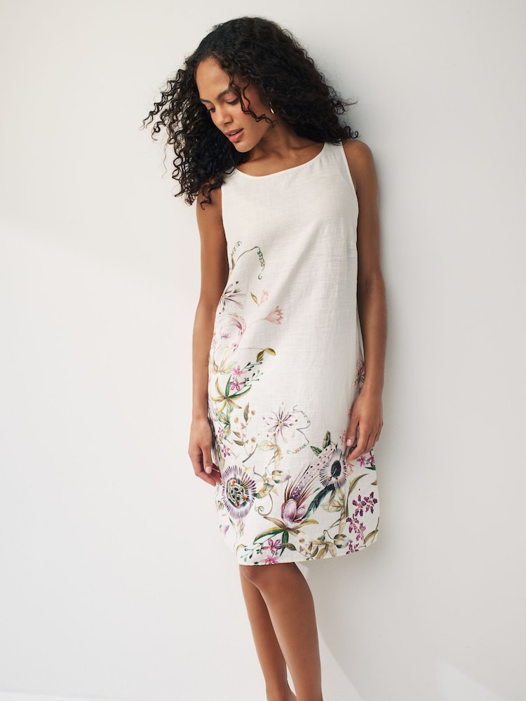 Ecru Cream Floral Linen Blend Sleeveless Shift Dress - Image 2 of 6