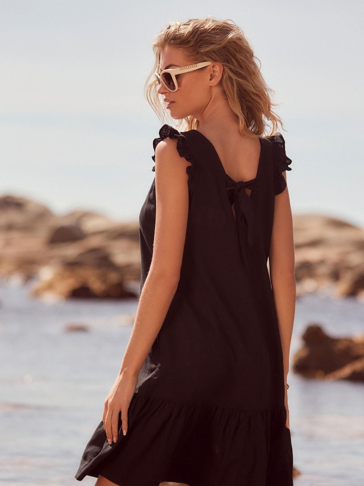 Black Ruffle Sleeve V-Neck Linen Blend Summer Dress - Image 2 of 3