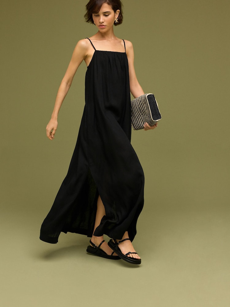 Black Tie Back Maxi Dress With Linen - Image 1 of 6