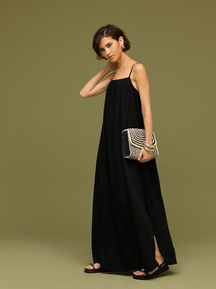 Black Tie Back Maxi Dress With Linen - Image 2 of 6