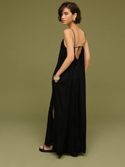 Black Tie Back Maxi Dress With Linen - Image 3 of 6