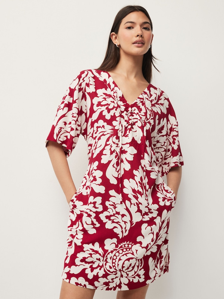 Red/Cream Oversized Cover Up Kaftan With Linen - Image 1 of 8
