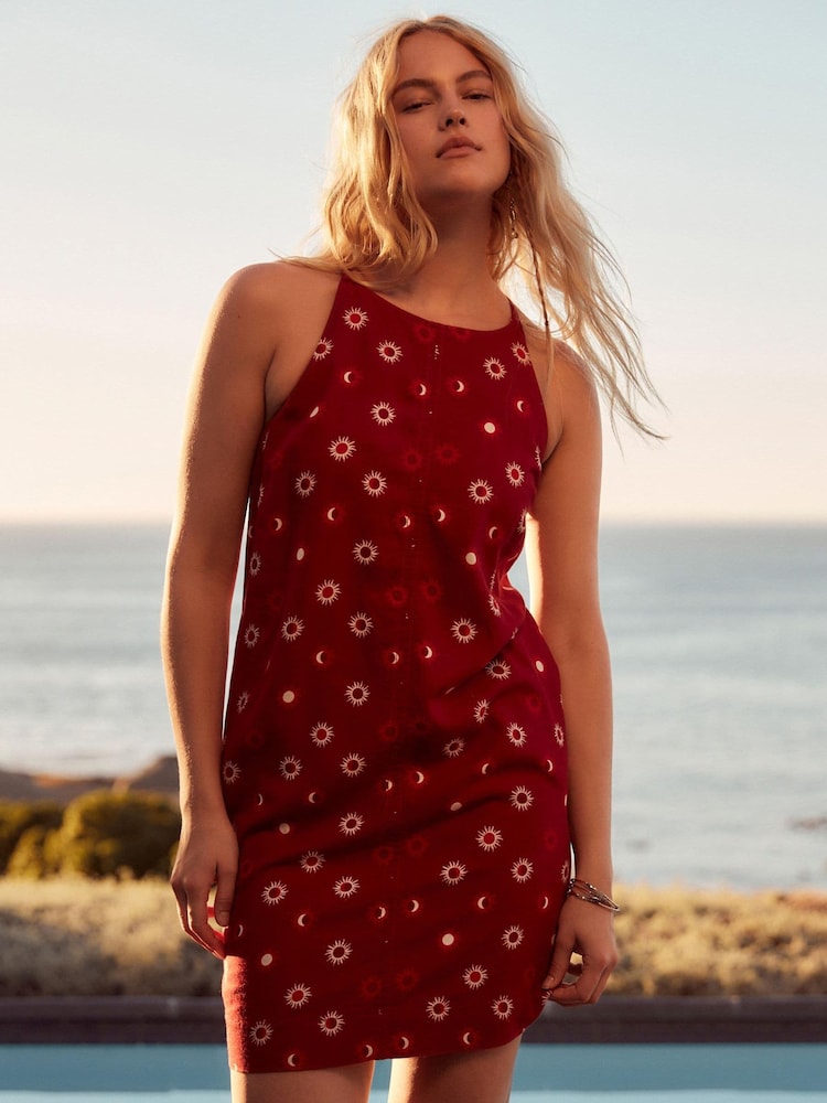 Red Linen Blend High Neck Mini Dress - Image 1 of 6 Red Linen Blend High Neck Mini Dress - Image 1 of 6