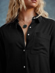 Black Midi Shirt Dress With Linen - Image 4 of 7