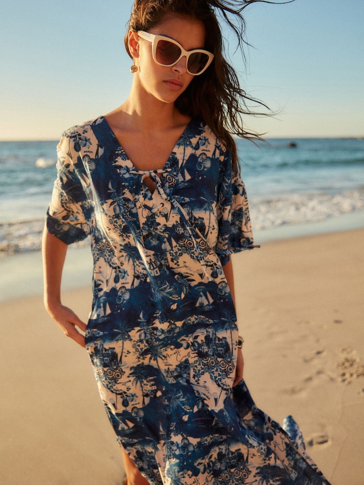 Blue/White Summer Maxi Kaftan Dress With Linen - Image 1 of 6