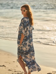 Blue/White Summer Maxi Kaftan Dress With Linen - Image 3 of 6