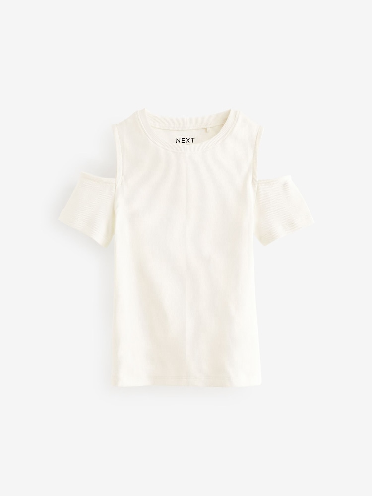 White Cold Shoulder Rib T-Shirt (3-16yrs) - Image 1 of 3 White Cold Shoulder Rib T-Shirt (3-16yrs) - Image 1 of 3