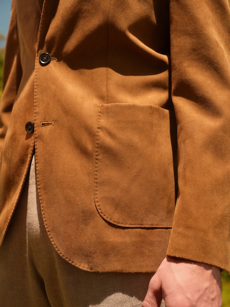 Tan Brown Slim Fit Faux Suede Blazer - Image 5 of 5