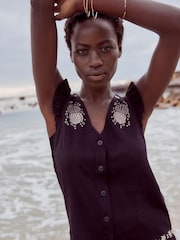 Black Embroidery Linen Blend Ruffle Sleeve Top - Image 1 of 5