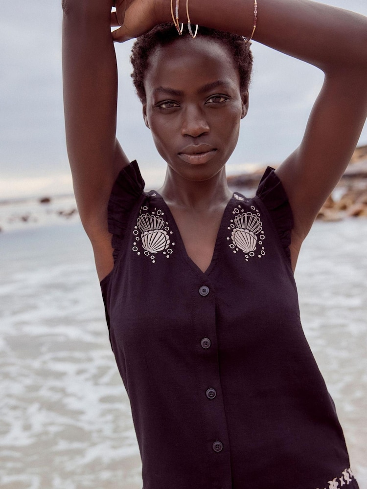 Black Embroidery Linen Blend Ruffle Sleeve Top - Image 1 of 5