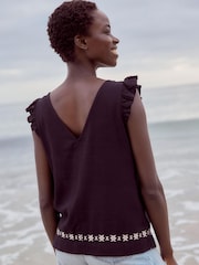 Black Embroidery Linen Blend Ruffle Sleeve Top - Image 2 of 5