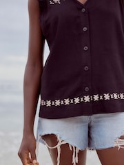 Black Embroidery Linen Blend Ruffle Sleeve Top - Image 3 of 5