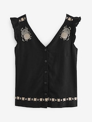 Black Embroidery Linen Blend Ruffle Sleeve Top - Image 5 of 5