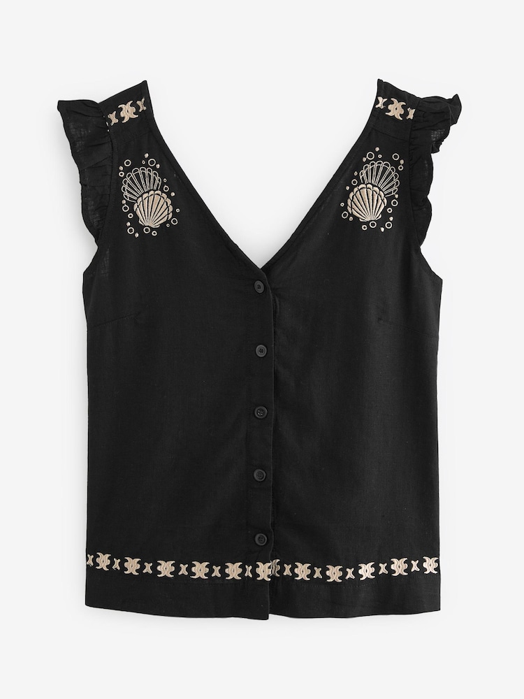 Black Embroidery Linen Blend Ruffle Sleeve Top - Image 5 of 5