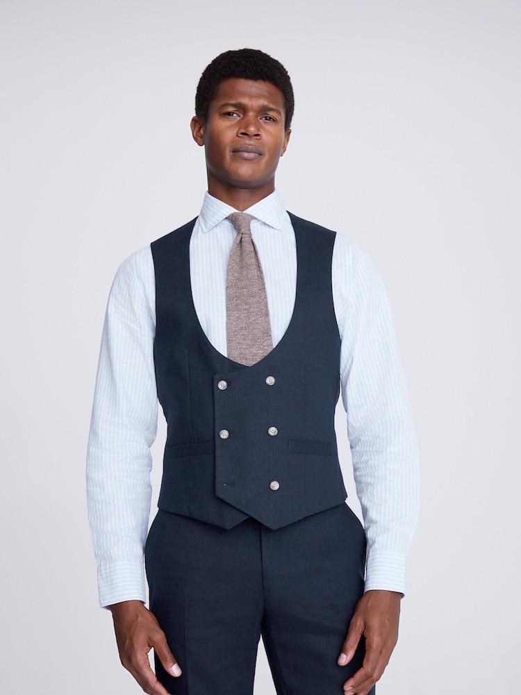 MOSS Navy Blue Slim Fit Matt Linen Waistcoat - Image 1 of 3
