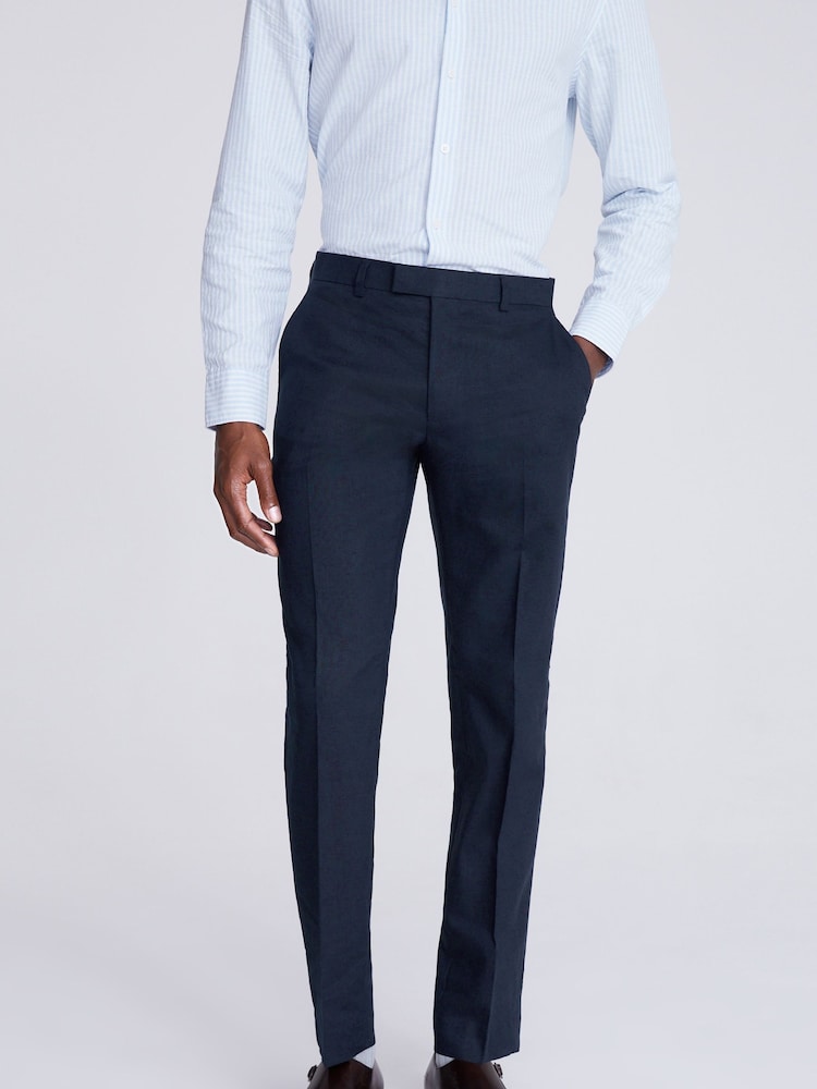 MOSS Blue Slim Fit Matte Linen Trousers - Image 1 of 3