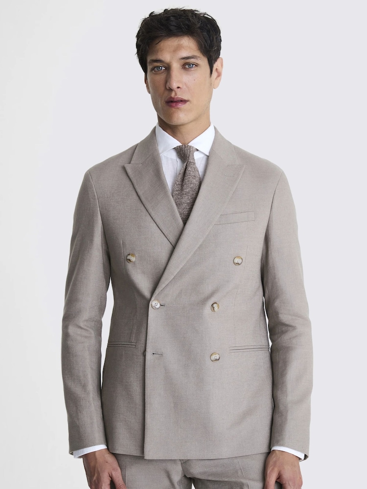 MOSS Taupe Natural Slim Fit Linen Double Breasted Jacket - Image 1 of 5