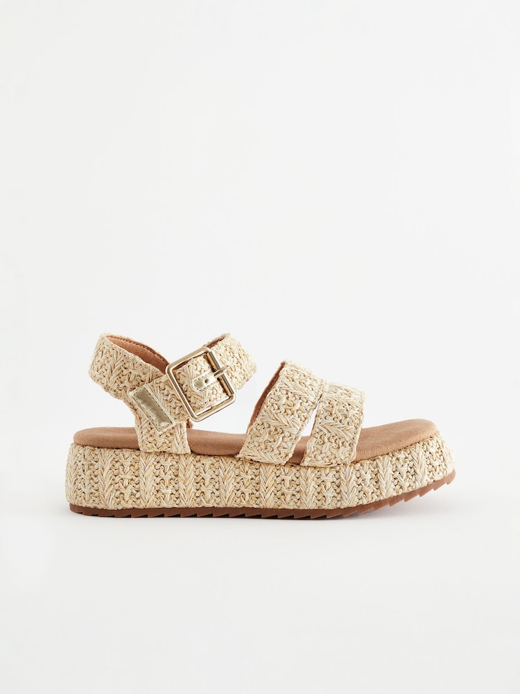 Neutral Raffia Platform Wedge Sandals - Image 2 of 5