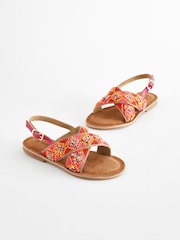Red Orange Beaded Leather Cross Strap Sandals - Image 1 of 6