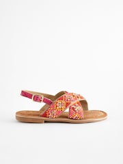 Red Orange Beaded Leather Cross Strap Sandals - Image 2 of 6