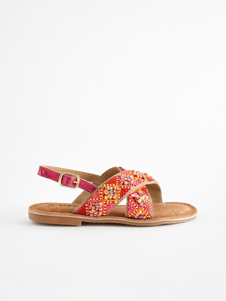 Red Orange Beaded Leather Cross Strap Sandals - Image 2 of 6