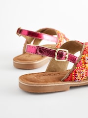 Red Orange Beaded Leather Cross Strap Sandals - Image 3 of 6