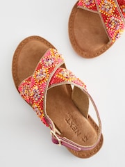 Red Orange Beaded Leather Cross Strap Sandals - Image 5 of 6