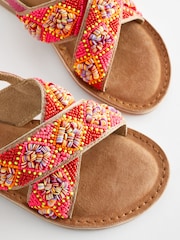 Red Orange Beaded Leather Cross Strap Sandals - Image 6 of 6