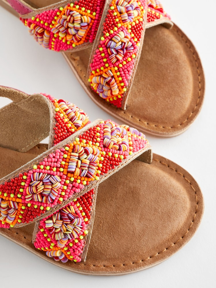 Red Orange Beaded Leather Cross Strap Sandals - Image 6 of 6
